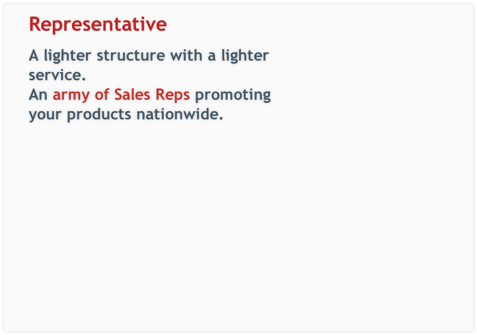 A lighter structure with a lighter service. 
An army of Sales Reps promoting your products nationwide.

